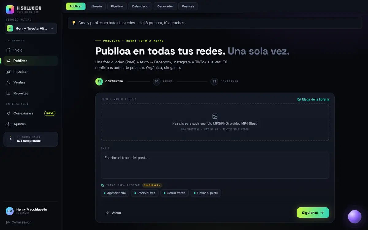 Flujo de publicación de H Solución: contenido, redes y confirmación humana